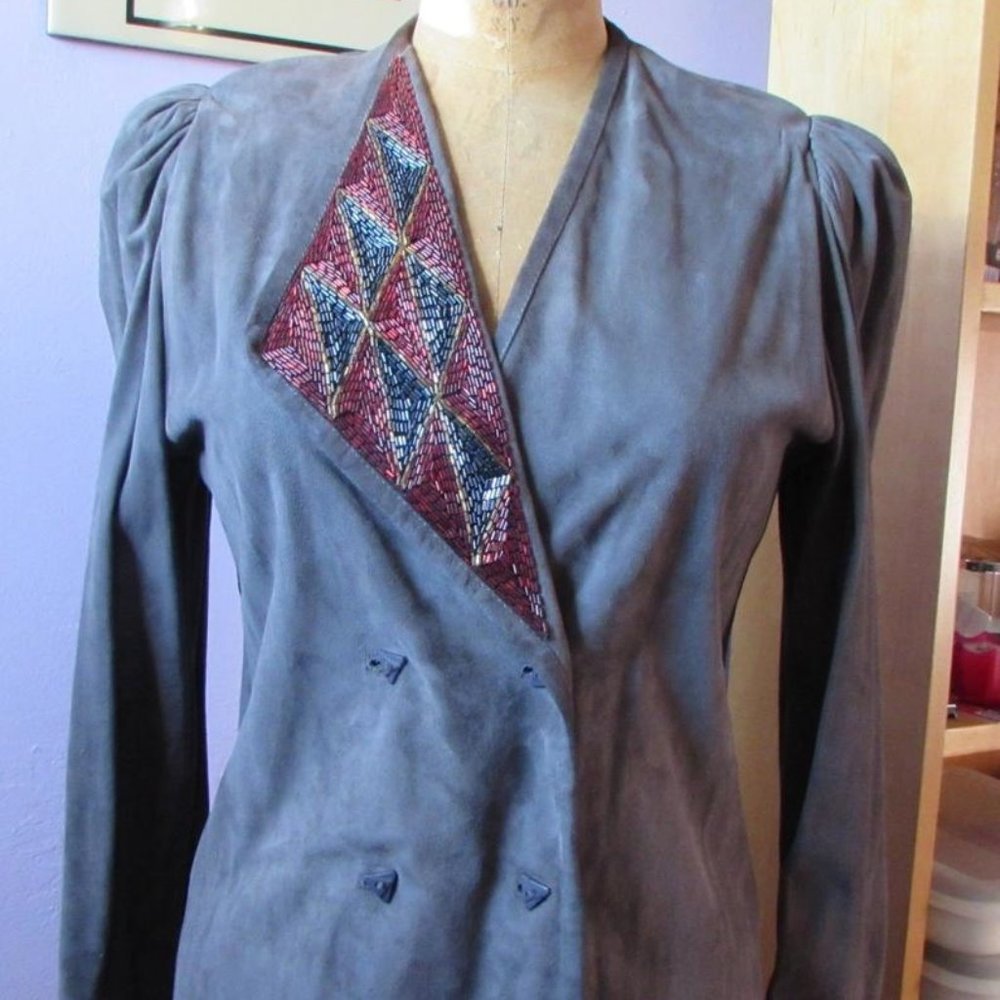 Vintage 1980s genuine Gray Suede beaded jacket